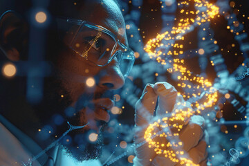 African american scientist examines a floating digital dna strand in a futuristic lab, showcasing scientific innovation and discovery