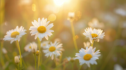 Fototapeta premium Beautiful white daisies are blooming in a field, illuminated by the warm glow of the setting sun, creating a serene and picturesque scene