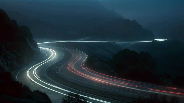 A long exposure shot of a car making its way down a sinuous road with light trails forming a path of illumination in the dark.