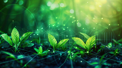 Green plants are growing from the ground with a technology graph emerging, symbolizing concepts such as business growth, green business, and environmental technology