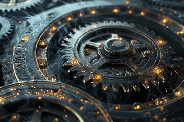 Fototapeta premium Conceptual image of rotating gearwheels, symbolizing the perpetual motion and interconnectedness of time and progress