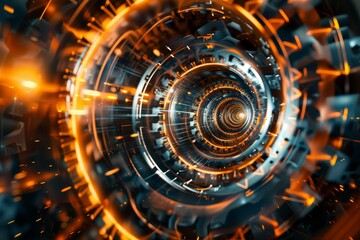 Fototapeta premium Digital artwork of gearwheels in motion, representing the perpetual movement and interconnectivity of time and technology