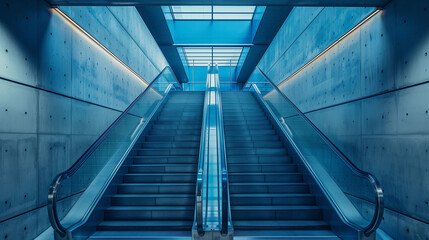 Obraz premium A modern, sleek escalator in a blue-toned architectural setting with concrete walls and geometric lines.