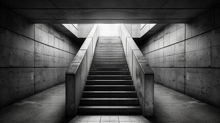 Fototapeta premium A black and white photograph of a modern, minimalist staircase with geometric lines and concrete walls.