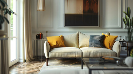Fototapeta premium Modern and bright living room with a large sofa decorated with yellow cushions and a patterned cushion, a glass coffee table, a painting on the wall, and a view of the outdoors