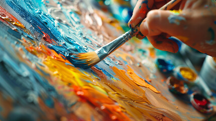 Obraz premium A close-up of a hand painting on a canvas with vibrant colors, showcasing a textured and dynamic brushstroke technique.