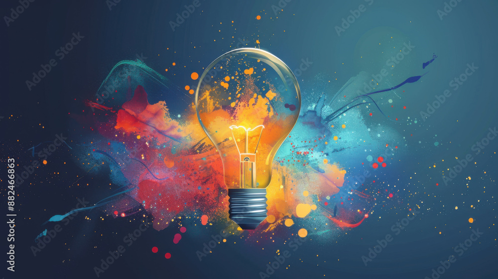 Poster creative lightbulb surrounded by vibrant splashes of color on dark background, representing innovati