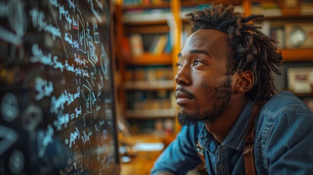 Focused man solving equations on chalkboard - generative ai