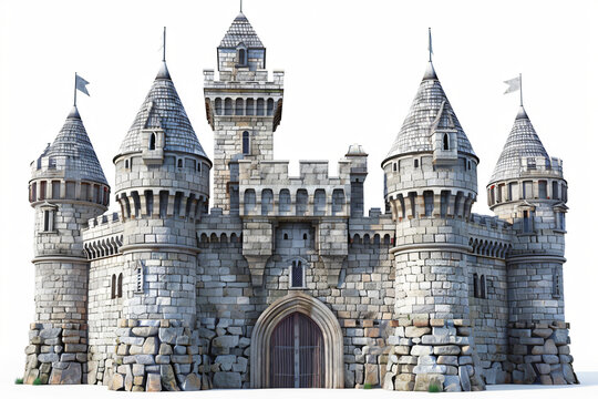 Majestic medieval castle stands proudly with its gate closed, exuding history and power against a clear sky