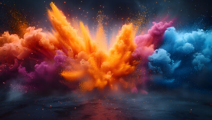 3D Render of Colorful Powder Explosion on Grey Background: Dynamic Pink, Purple, and Orange Dust Splash