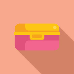 Pink lunch box with a yellow lid is shown closed and ready for a meal