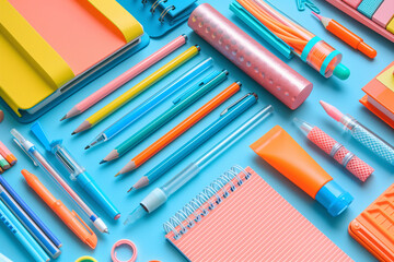 Colorful school supplies arranged on a desk, frame 