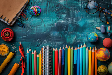 Colorful school supplies arranged on a desk, frame 