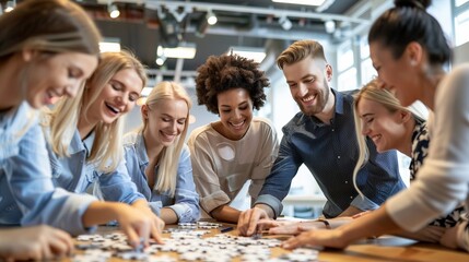 A diverse group of individuals is seen working collaboratively on solving a puzzle at a workspace, emphasizing teamwork, cooperation, and problem-solving skills.