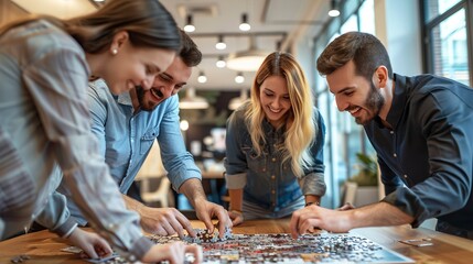 A close-knit group of colleagues is solving puzzle pieces together in an office space, emphasizing teamwork, cooperation, and strong work relationships.