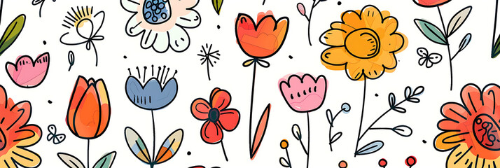 A seamless pattern of cute doodle style flowers