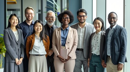 A group of professionals, showing diversity and smiling warmly, stand in a modern office setting with large windows and an inviting, collaborative atmosphere.