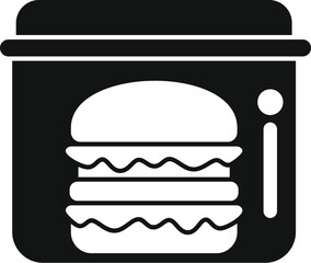 Black glyph icon for double burger being heated in microwave with information sign