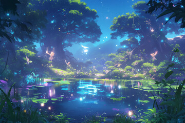 Obraz premium a magical anime forest clearing at night with a glowing pond and fireflies illuminating the area