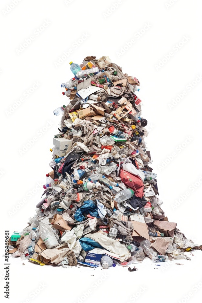Poster a messy pile of garbage on a clean white surface, suitable for use in illustrations about pollution 
