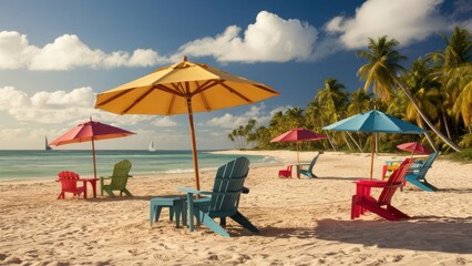 Tropical Beach Scene with Colorful Chairs and Umbrellas