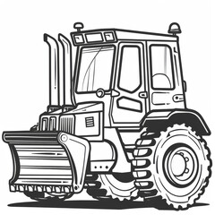 Naklejka premium Black and white line art of a detailed bulldozer, showcasing construction machinery, perfect for educational and technical uses.