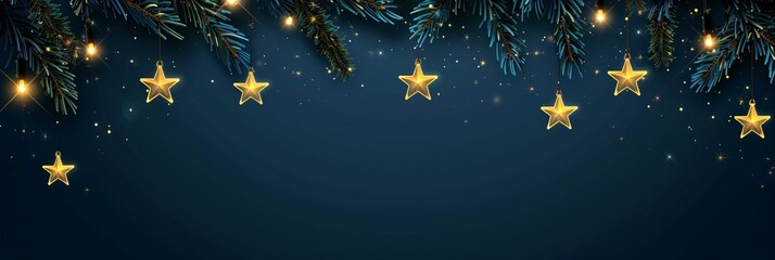 Fototapeta premium Border made of fir tree branches and golden stars on snowy blue background. Merry Christmas and Happy New Year. Winter holidays template with copy space for greeting card, invitation, banner, poster