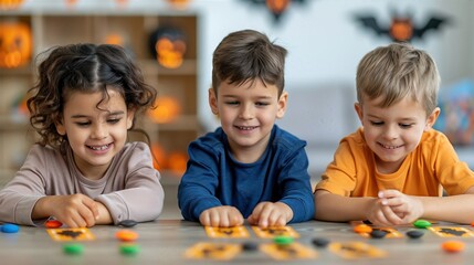 Happy preschool kids playing with toys on floor, learning through fun and laughter, having fun Halloween festive moment