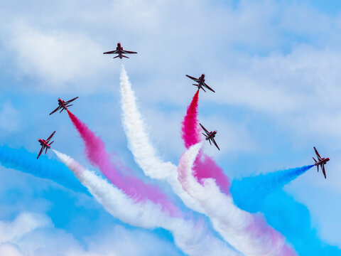 Red Arrows, Royal Air Force Aerobatic Team, Airshow 2024, Teignmouth, Devon, England - Powered by Adobe