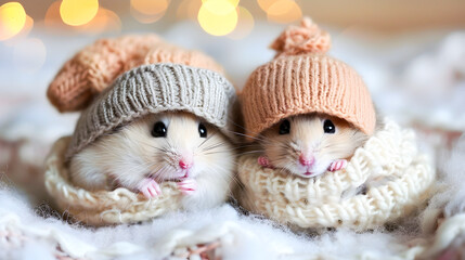 Two adorable chubby little hamsters wearing tightly knit hats and scarves sitting snugly in a warm festive setting with a blurred bokeh filled background