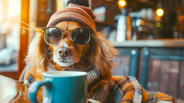 Whimsical portrait of a dog anthropomorphized as a human relaxing and enjoying a coffee in a cozy cafe setting  Abstract and imaginative idea of an animal celebrating the new year