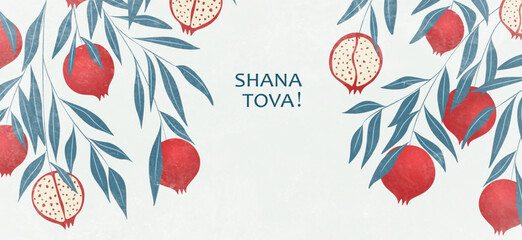 Background for Jewish holiday Rosh Hashanah with pomegranate fruits on branches. Vector illustration in modern style with Jewish holiday of New Year, Rosh Hashana for greeting card, cover. © VectorART
