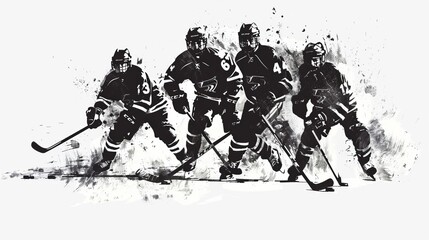 Artistic black and white depiction of four hockey players in intense action, emphasizing the raw energy and competitiveness of the sport in a striking composition.