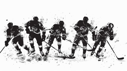 Illustration featuring five hockey players in motion, depicted in a stylized black and white art style, highlighting their athletic prowess and the dynamic nature of the sport.