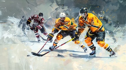 Intense ice hockey match featuring players in bright jerseys skillfully maneuvering the puck, capturing the thrill and fast-paced nature of the sport.