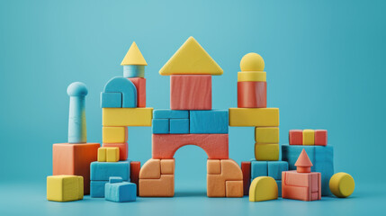 Fototapeta premium Brightly colored foam building blocks arranged on a blue background, perfect for children's educational play and creativity.