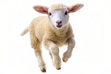 Adorable little sheep jumping high in the air, surrounded by empty space, with soft fur and cute facial expression, isolated on a pure white background.