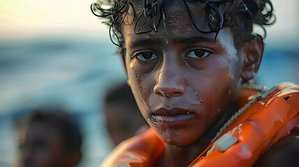 North African youth take to the sea on a boat for illegal immigration. Concept Youth, North Africa, Sea, Illegal Immigration, Boat