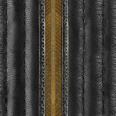 Seamless 4k photo texture photo of black colored stitched leather material with steel and copper ornate border line.