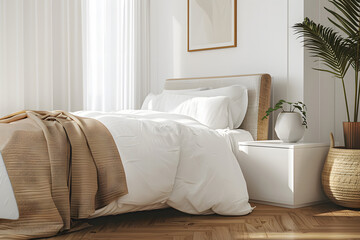Home mockup, simple cozy Coastal bedroom interior background, 3d render