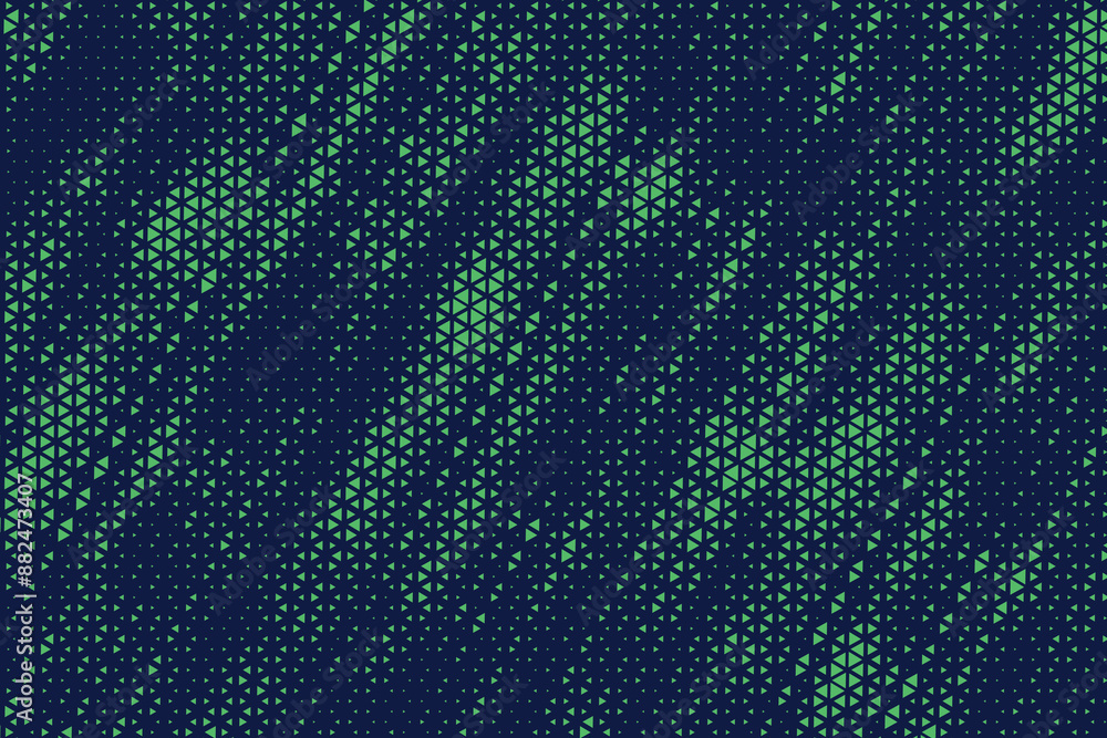 Poster Triangular halftone texture retro wave vector. Geometric technology abstract diagonal dotted background. Half tone triangles retro comic pattern. Minimal 80s style dynamic tech structure wallpaper.	