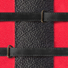 Seamless 4k photo texture photo of red and black colored leather material with black straps and harness.