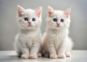 Adorable pair of white kittens with soft fur and big curious eyes sitting together on a light background, perfect for adding text or graphics.