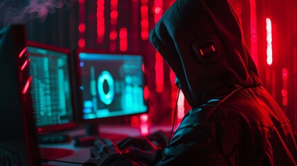 A hacker intensely works on a computer in a room lit with red light, highlighting themes of cyber security, secrecy, and the intense world of digital hacking.
