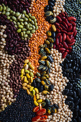 Vibrant Close-Up of Various Beans in an Artistic Pattern Emphasizing Natural Diversity and Nutritional Value of Legumes for Culinary Arts