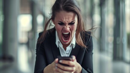 Fototapeta premium An angry woman in office attire shouts at her phone, her frustration is evident, representing themes of stress and conflict in a modern and professional setting.