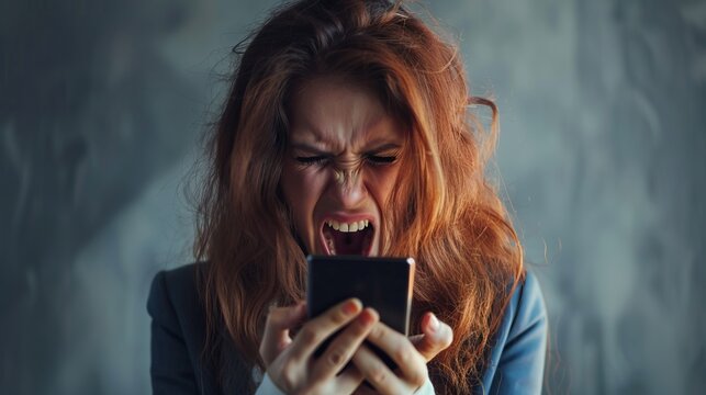 A furious woman with long hair is seen yelling at her smartphone, clearly infuriated, capturing the essence of anger and frustration in a vivid manner.