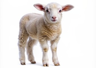 Fototapeta premium Adorable baby sheep with fluffy white fur and curious eyes stands alone on a transparent background, symbolizing innocence and new life.