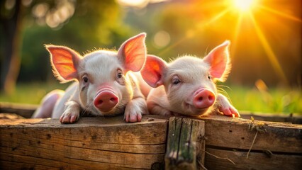 Fototapeta premium Adorable two small pigs recline on a rustic wooden heap, their tiny hooves and snouts visible, surrounded by natural outdoor setting and warm sunlight.