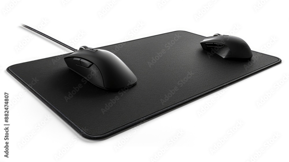 Poster A picture of a computer mouse placed on a black mouse pad, perfect for searching and finding images related to computers, technology, and office supplies